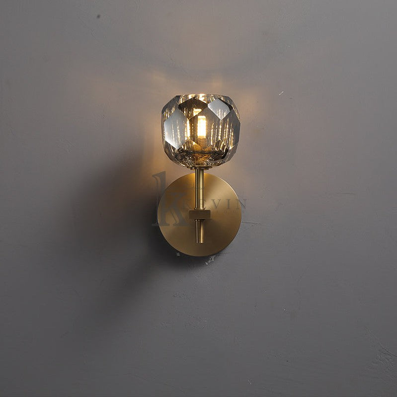 Floris Modern Smoky Crystal Ball Short Wall Sconce, Crystal Led Wall Lights for Bedroom Wall Sconce Kevin Studio Inc Lacquered Burnished Brass  