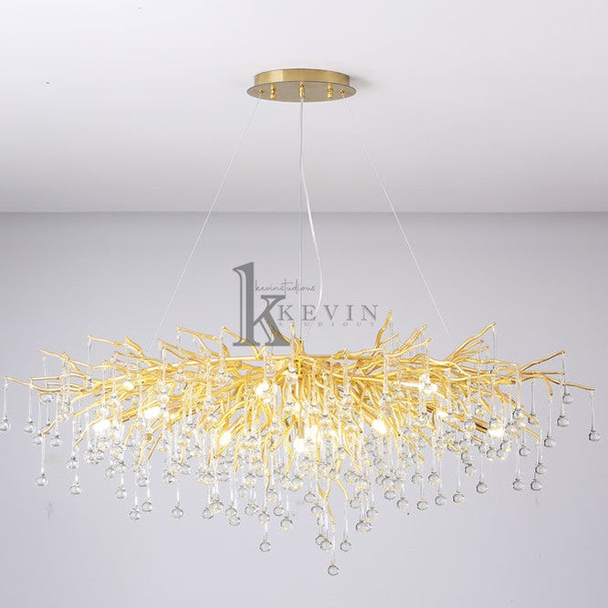 Sivan Modern Crystal Droplet Gold Branch Chandelier, Gold 45", Rectangular Chandelier Over Dining Table, Living Room Branch Chandelier Kevin Studio Inc   