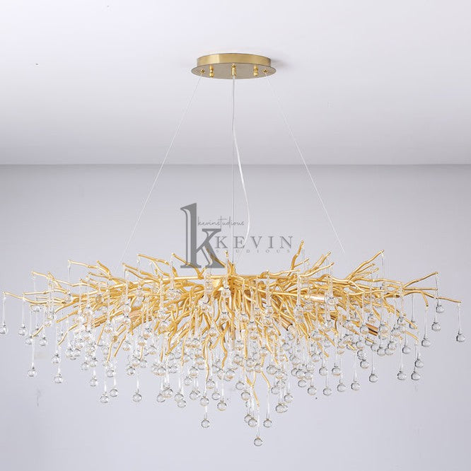 Sivan Modern Crystal Droplet Gold Branch Chandelier, Gold 45", Rectangular Chandelier Over Dining Table, Living Room Branch Chandelier Kevin Studio Inc   