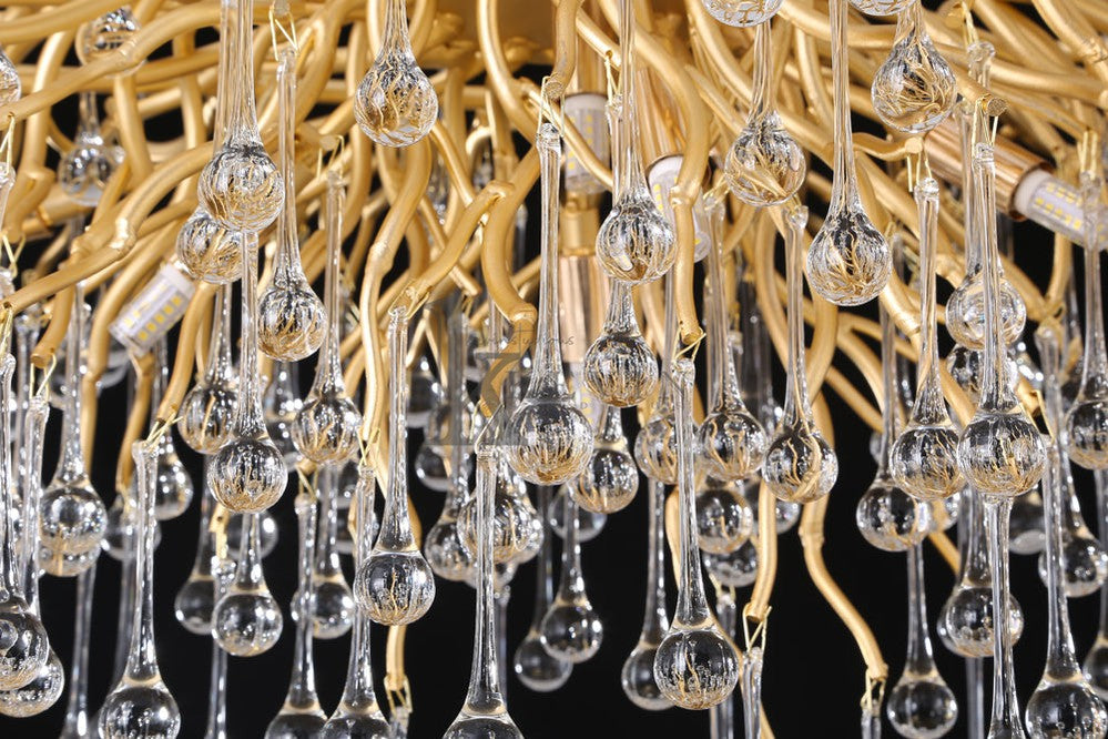 Sivan Modern Crystal Droplet Gold Branch Chandelier, Gold 45", Rectangular Chandelier Over Dining Table, Living Room Branch Chandelier Kevin Studio Inc   