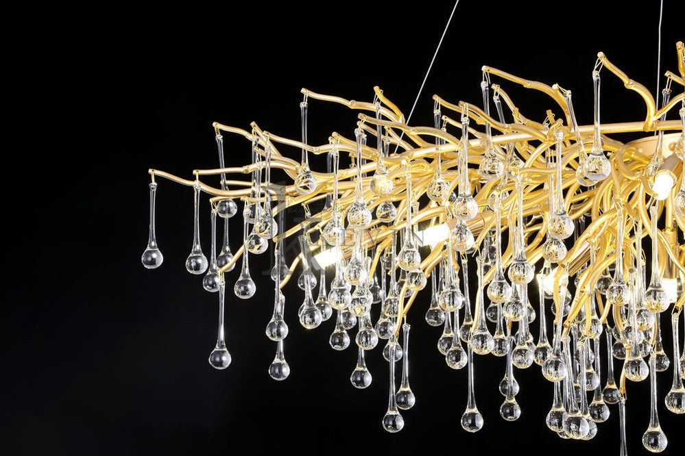 Sivan Modern Crystal Droplet Gold Branch Chandelier, Gold 45", Rectangular Chandelier Over Dining Table, Living Room Branch Chandelier Kevin Studio Inc   