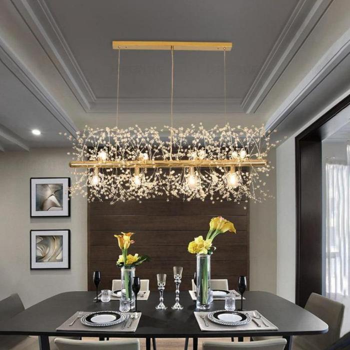 Pecan Modern Kitchen Island Lighting Fixture, Linear Crystal Chandelier Pendant Light Kevin Studio Inc Gold  