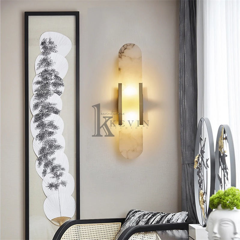 Koltin Melange Elongated Alabaster Wall Sconce wall sconce for bedroom,wall sconce for dining room,wall sconce for stairways,wall sconce for foyer,wall sconce for bathrooms,wall sconce for kitchen,wall sconce for living room Kevin Studio Inc Brass H 28'' 
