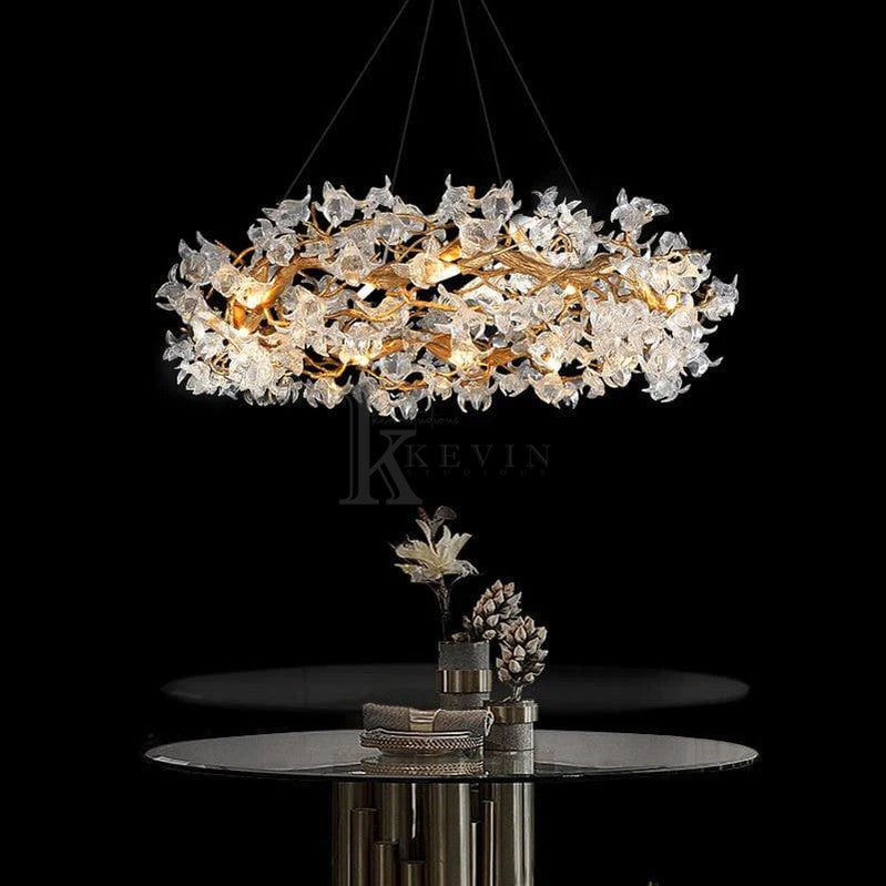 Connie Modern Petal Crystal Round Brass Branch Chandelier For Living Room Branch Chandelier Kevin Studio Inc 31" W X 16" H  