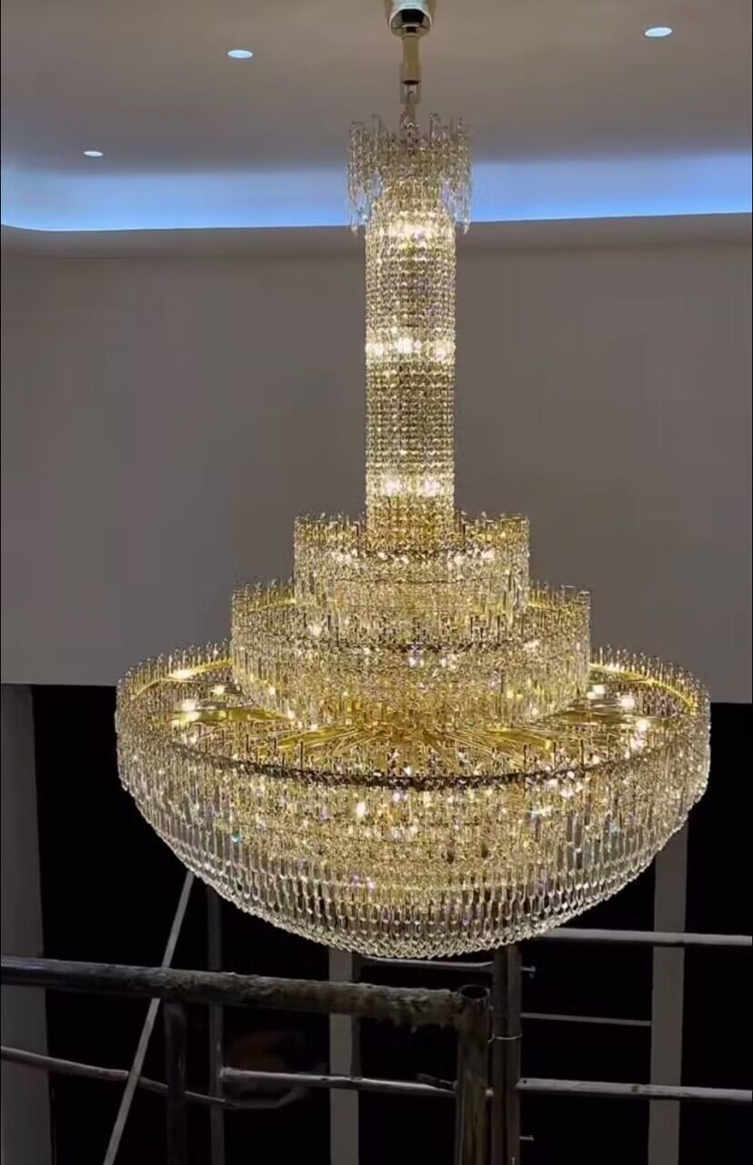Luxury Oversized Gold European Crystal Chandelier 3-tiered Medium-length for Foyer/Staircase/Hallway/Entrway Chandeliers kevinstudiolives   