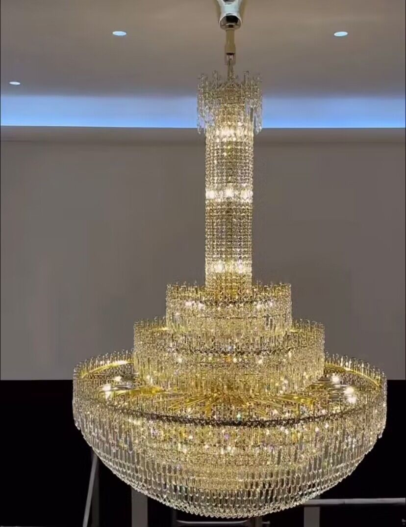 Luxury Oversized Gold European Crystal Chandelier 3-tiered Medium-length for Foyer/Staircase/Hallway/Entrway Chandeliers kevinstudiolives   