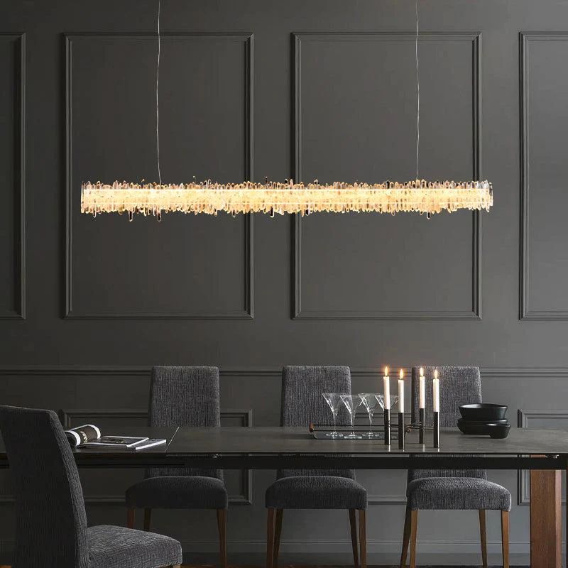 Grann Modern Rock Crystal Linear Chandelier Over Dining Table Chandelier Kevin Studio Inc 39.4" L  