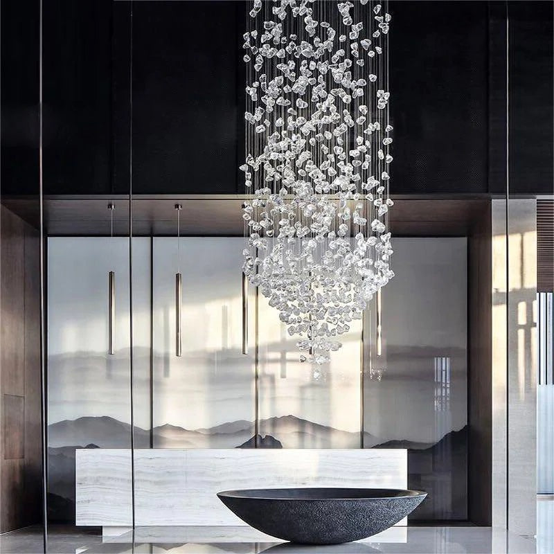 Rain Drop Crystal Falls Round Modern Chandelier For Staircase Chandeliers Kevin Studio Inc   