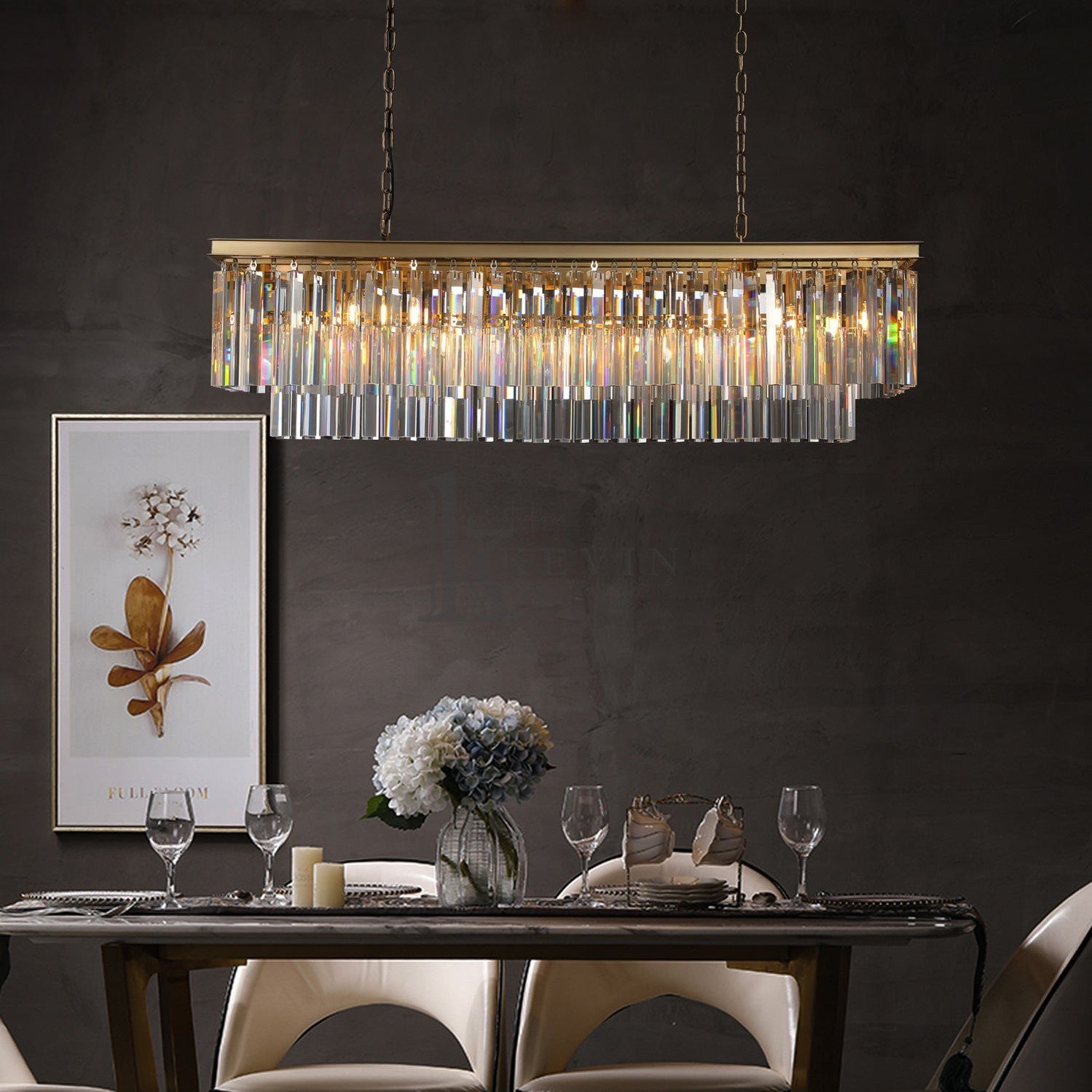 Lova Modern 2-Tier Rectangular Crystal Chandelier Over Dining Table chandelier Kevin Studio Inc   